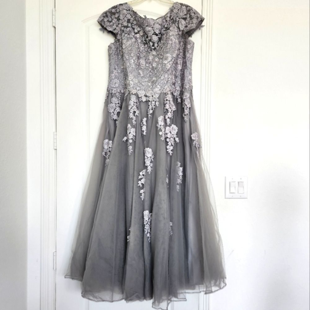 La Femme Embellished Mesh A-Line Gown